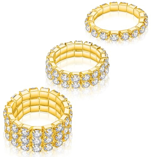 3 ST Strass Sträcka Ringa, Kucheed Mode Stapelbara Fingerringar i Kristall, Söta Tåring Kroppssmycken, Diamantring med Elastisk Band, Sparkly Thumb Pinky Ring för kvinnor (Guld)