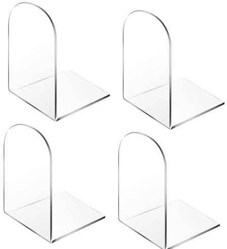 4 Stück Buchstützen, 12x12x17,5cm, Buchstütze Acryl Transparent, Bücherhalter für Regale, Buchständer Schule, Buchhalter Leseständer, Buch Organizer für Zuhause, Büro, Bibliothek, Schlafzimmer