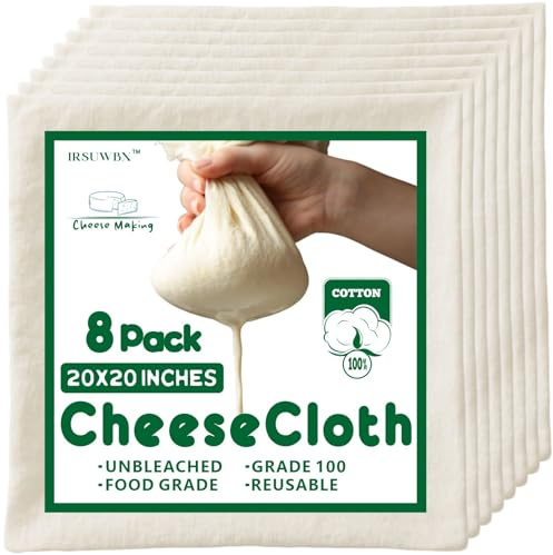 8Pcs Grade 100 Cheese Cloths 20×20 Inch, 100% Unbleached Cotton Butter Muslin, Finished Edge, Reusable Pre-Washed for Straining & Cooking