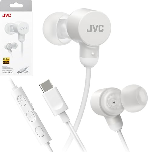 JVC Auriculares USB-C con Cable, Aislamiento de Ruido, DAC, Audio de Alta resolución, micrófono Integrado con Silencio, cómodas Almohadillas de Silicona para los oídos, Control Remoto de 3 Botones,