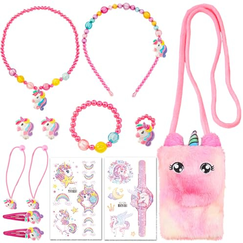 AUNGCSHE 13 Stuck Einhorn Handtasche Geschenk, Schmuck Set, Einhörnern Kinderschmuck Halskette Armband, Ring, Haarspange, Einhorn Geschenke für Mädchen 3 4 5 6 7 8 9 10 Jahre(Rosa)