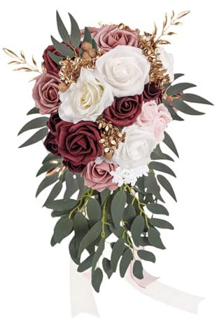 Amagogo Hochzeitsstrauß für Brautjungfern mit Blumen, Seidenblumen, romantische Zeremonie, Tropfenform, rustikal, Kaskadenstrauß, künstlich, Style B