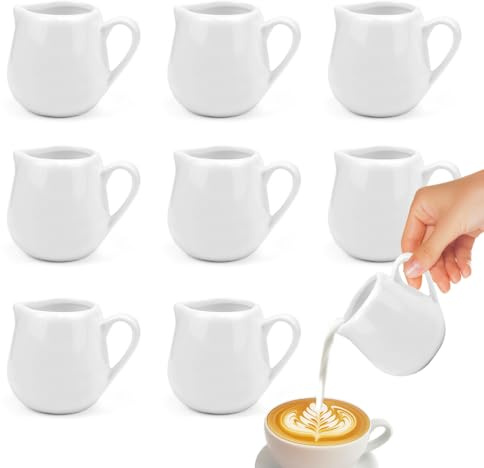 YANGUN 8 Pcs White Ceramic Milk Jug, Mini Creamer Jug Without Handle, Small Porcelain Milk Jug for Coffee Shops,Hotels etc,Also a Good Gift for Family and Friends (45ml) (with Handle)