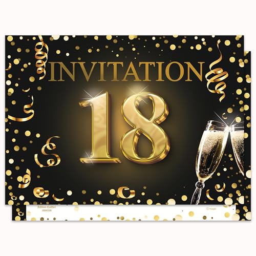 Edition Colibri Cartes d'invitation pour le 18e anniversaire, lot de 10, format A6, ensemble de cartes, à remplir, invitation, jubilé, fête, noir, or