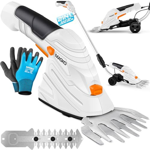 MASKO® Cisaille à gazon électrique avec batterie 7,2 V 2000 mA/h - Avec chargeur, gants, couteau à herbe, couteau à arbustes et manche télescopique 90-130 cm - Avec roues