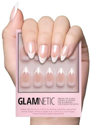 Glamnetic Press On Nails - Mrs. | Short Almond Fake Nails with French Tips and Glossy, Glazed Finish, Salon Quality | 15 Sizes - 30 Nail Kit with Glue