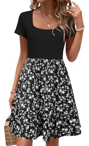 Newshows Sommerkleid Damen Knielang Sommer Kurzarm Kleid Quadratischer Ausschnitt Elegant Strandkleid Mit Taschen