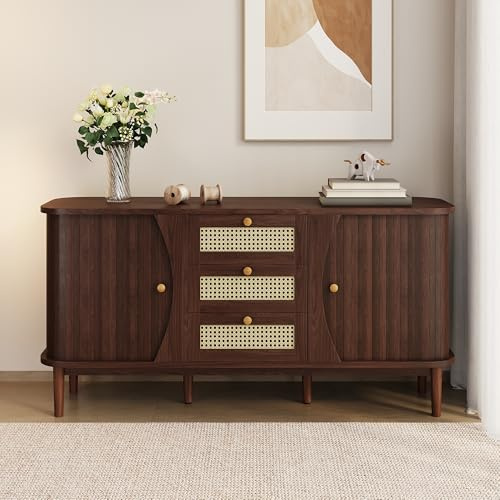 boorbin Aparador de ratán, cómoda con puertas correderas, estantes ajustables y placa redondeada (color madera-1)