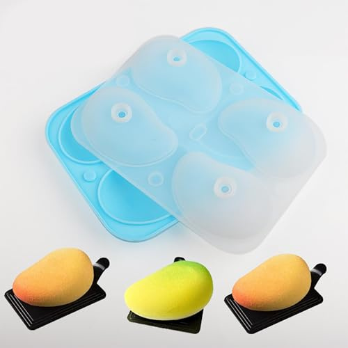 Silicone Mousse Moulds, 3D Mango Mould Made of Silicone, Fruit Moulds, Easy to Clean and Remove, with Funnels and 4 Cavities for Cakes, Jelly, Sweets, Chocolate, Soap Crafts