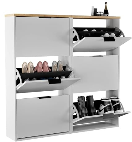 Planetmöbel 2 x Meuble à Chaussures étroit avec 3 Portes, étagère à Chaussures Peu encombrante avec 6 tablettes, Rangement Chaussures pour entrée, Couloir, vestiaire 60 x 23 x 118 cm, Blanc Gris