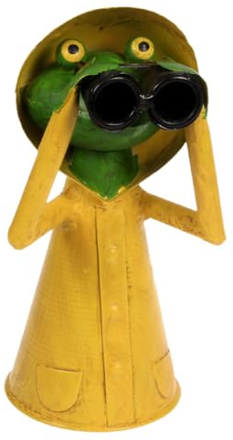 Lenzbach Zaunhocker Frosch im gelbem Regenmantel mit Fernglas 21 cm Figur aus Blech Metall Garten Deko Garten Balkon Dekofigur Pfostenhocker Strand Meer maritim