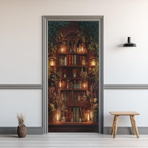 Türaufkleber Bücherregal, Selbstklebend Türposter Bibliothek Retro Pflanze, 77x200cm Türtapete, PVC Wasserdicht Abnehmbare Deko Türfolie Wandtattoo Für Schlafzimmer Wohnzimmer