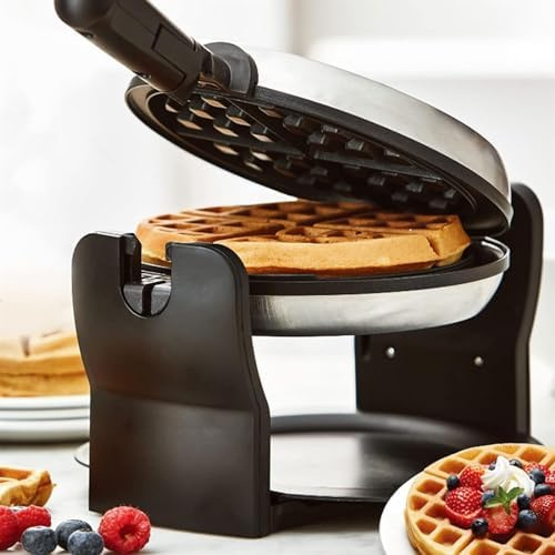 Gaufrier rotatif avec plaques antiadhésives, fer rabattable à 180° avec plaques antiadhésives, température réglable pour des gaufres belges parfaites, rangement peu encombrant