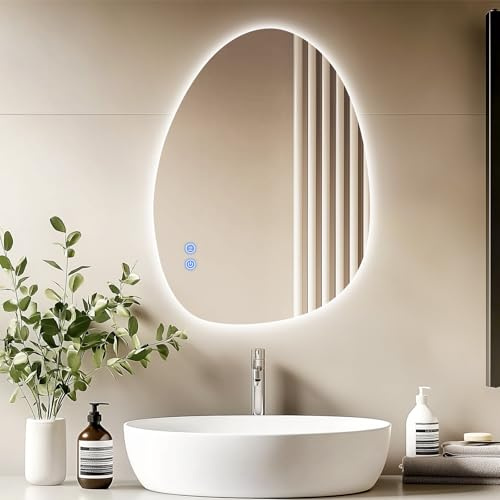 AllRight Spiegel Mit Beleuchtung Asymmetrischer LED Badspiegel mit Touch-Schalter Lichtfarben Dimmbar Beschlagfrei LED Spiegel (80 * 55CM)
