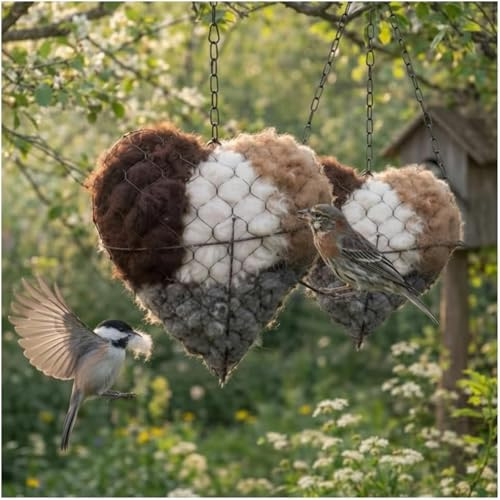 Handgefertigte Vogelnistherzen aus Alpakafaser, dekoratives, nachfüllbares Vogelhaus mit natürlichem Nistmaterial, Winterschutz for Vögel, Gartendekoration im Freien, Geschenk for Enthusiasten(2pcs)