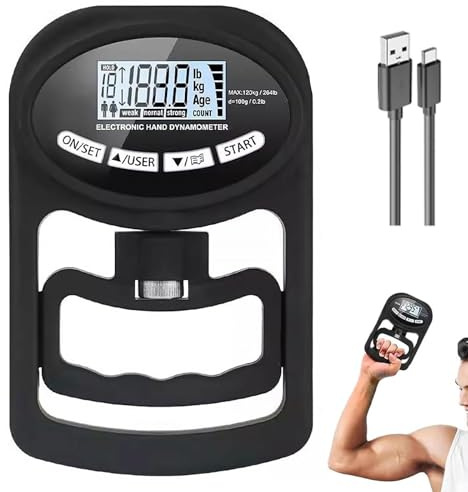 Tester di Forza della Presa, 265Lbs / 120Kg Dinamometro Manuale Digitale Ricaricabile Allenatore di Forza della Presa con Display Lcd Esercitatore Elettronico della Forza della Mano per Uso Per E108N