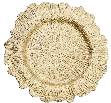 ZYDYRX Gold Platzteller Rundes Teller Dekorative Servierteller Plastik mit Rüschenrand 33cm Ladegerät Speiseteller für Hochzeiten Geburtstage Partys Tischdeko