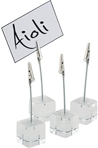APS Kartenhalter 4er Set, transparente Kartenständer, Fotohalter mit Klemme, Acryl Kartenhalter, inklusive Zwei weißer Beschriftungskarten, Ø 3 cm, 12 cm Höhe