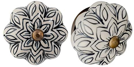 Möbelknöpfe aus Keramik - Blumendesign im Vintage-Look - Schwarz - 6 Stück