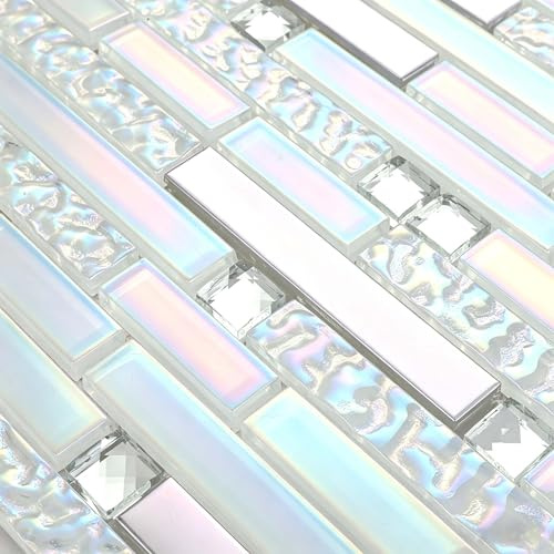 White Silver Glass Metal Tile Kitchen Backsplash 5 Sq Ft