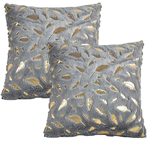 JOTOM Feder Plüsch Kissenbezug, Gold Fell Dekokissen Kissenhülle für Couch Sofa Home Bett Büro Deko, 40 x 40 cm, 2er Set (Grau)