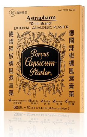 Chilli Brand External Plaster Porous Capsicum Plaster Minor Aches and Pain Relief HOT Patch, 3.4 x 4.5 Sheet (10 Pack of 5)