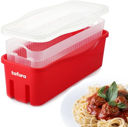 Tafura Microwave Pasta Cooker with Double Strainer – Microwavable Spaghetti Cooker with Lid, Fast No Boil Pasta Maker, 2.2L BPA Free Pasta Boat for Noodles, Rice & Vegetables, Dishwasher Safe