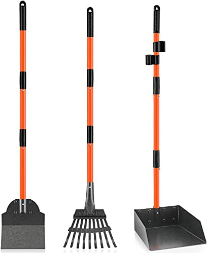 ROIUBPO Pooper Scooper, avtagbar hundbajs-skopa med långt handtag med metallräfsa, bricka och spade, hållbar enkel upphämtning bajsskopa för stora medelstora små hundar, bra för gräsmatta, gräs, smuts, grus