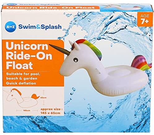 Atoz Swim & Splash Unicorn Ride-On Float, Rainbow Design, 145 x 65 cm, Age 7+, Quick Deflation, Pool Beach Garden