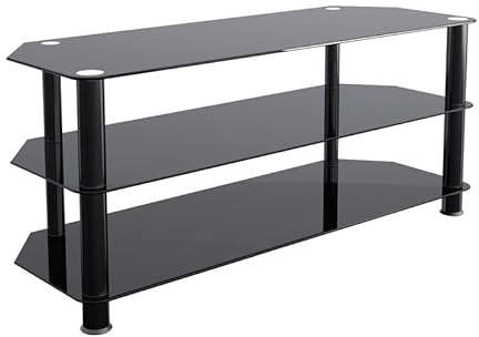Mahara Classic Black Glass Corner tv & stand - Up to 55 Inch TV Support - Glass Shelf Cabinet (L) 114cm x (W) 42cm x (H) 50cm
