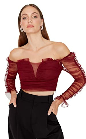Trendyol Woman Slim off-Shoulder Carmen Collar Woven Blouse Camicia, Burgundy, 40 Donna