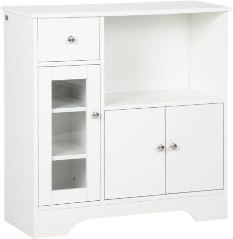 HOMCOM Küchenschrank Sideboard mit 2 Schränken und offener Regale, Aufbewahrungsschrank mit verstellbare Einlegeböden, Kommode mit Kippschutz und Glastür Spanplatte Weiß 80 x 30 x 82 cm