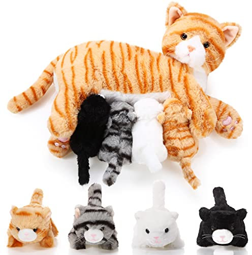 Skylety Animal en Peluche Chat Nourricier avec Chatons en Peluche, Minou en Maman avec 4 Bébés(Style Mignon)