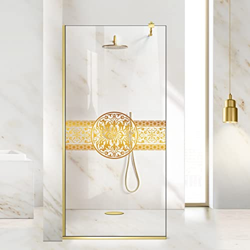Aqua Roy Gold, Modell Doha MEDALION Golden, Größe 120 cm ab 70/80/90/100/110/120, Walk in Duschwand 8 mm Klarglas mit NANO-beschichtetem sandgestrahltem Muster (120x195 cm)