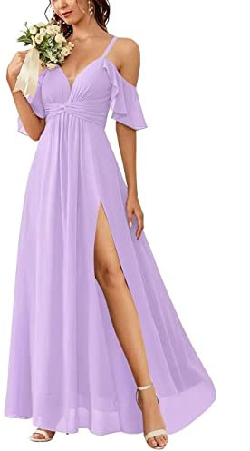 Robe de demoiselle d'honneur à bretelles spaghetti avec fente simple et longue trapèze avec mousseline de soie pour femme, lilas, 36