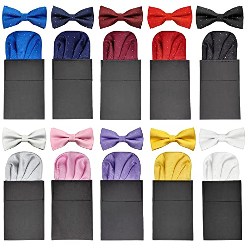AUSUAYA Herren Einstecktuch, vorgefaltet, Seide, 10 Stück, vorgefaltet, für Hochzeit, Party, Anzug, Smoking, GB-PF-H-6, Set mit 10 Einstecktüchern und Fliege, Einheitsgröße