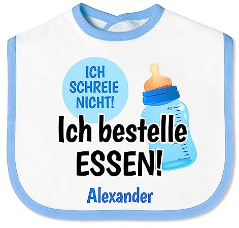 True Statements Baby Lätzchen „Ich schreie nicht! Ich bestelle Essen!“ mit Namen personalisiert für Mädchen & Jungen - mit Klettverschluss – Spucktuch Kinder – lustige Baby-Geschenke Taufgeschenke