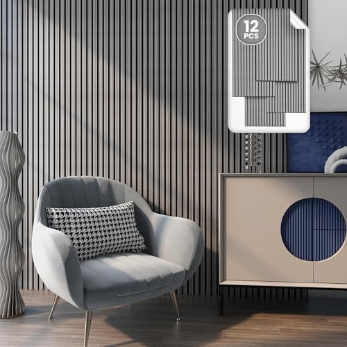 NEU.HOLZ Akustik Wandpaneele Vang 12er Set Wandverkleidung zum Kleben und Schrauben 8,64 m² Holzfurnier 3D Paneele Lamellen in Eichenoptik, grau