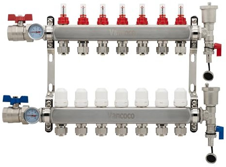 VANCOCO Collettore di Calore Radiante a 7 Circuiti con Eurocone 3/4 (16 x 2 mm), Distributore di Circuiti di Riscaldamento, Kit Collettore PEX con Misuratori di Flusso e Valvole a Mano