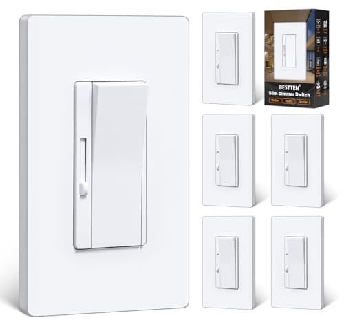 BESTTEN 6 Pack Super Slim Dimmer Light Switch, Quiet Rocker, Single Pole or 3 Way Dimmable Switch, Max 300W LED, CFL, 600W Incandescent, Screwless Wall Plate Included, ETL Listed, White