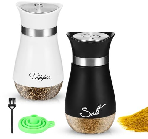 Marstey Salt and Pepper Shakers Set, Condiment Set, Vintage Glass Black and White Shaker Sets, with Funnel and Cleaning Brush, Spice Dispenser Perfect for Kitchen Restaurant BBQ, 92YP