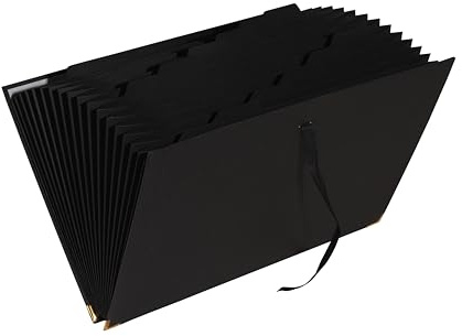 Exacompta - 58601E – 1 Bandordner Office By Me mit 18 Fächern, innen aus schwarzem Recycling-Karte, für A4-Format, mit Bandverschluss, goldfarbene Metallecken zur Verstärkung des Deckblatts, Schwarz