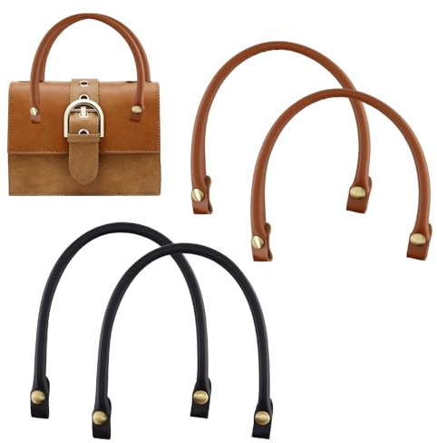 alwaiiz 4 Stück Taschenhenkel Leder, Henkel für Taschen, Druckknopf Taschengriffe, Geeignet für Selbstgemachte Handgefertigte Taschen Oder als Ersatzriemen für Alte Taschen(Braun,Schwarz)