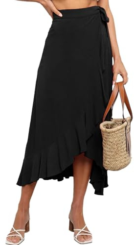 Umenlele Women's Casual Tie Waist Asymmetric Swing Ruffle Wrap Hem Flowy Mid Skirt Black#2 Large