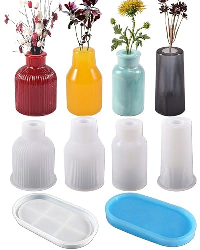 JEJA Moule Silicone Vase, Resine Epoxy DIY Fleurs Moule en Silicone Bouteille Réutilisable pour Faire des Vases à Fleurs, des Ornements Décoratifs, 5 pièces