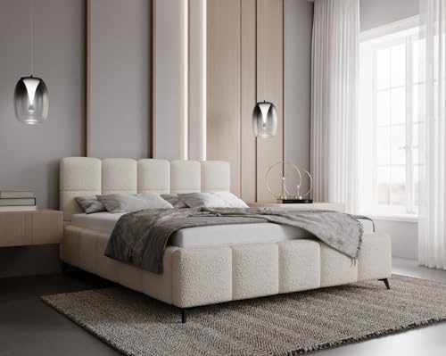 Emporius Polsterbett 200x200cm Kastilo - Bett mit Lattenrost, Stauraum, Bettzeugkasten, Kopfteil - Bettkasten, Rahmen - Doppelbett 200x200 - Bouclé Creme (Anthology 1)