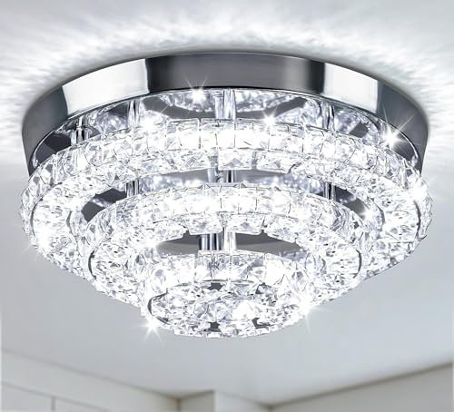 Cainjiazh 11.8 Crystal Chandeliers Modern Crystal Ceiling Light LED Chandeliers Semi Flush Mount Chandelier Crystal Ceiling Light Fixture for Bedrooms Dining Living Room Hallway (6500K Cool White)