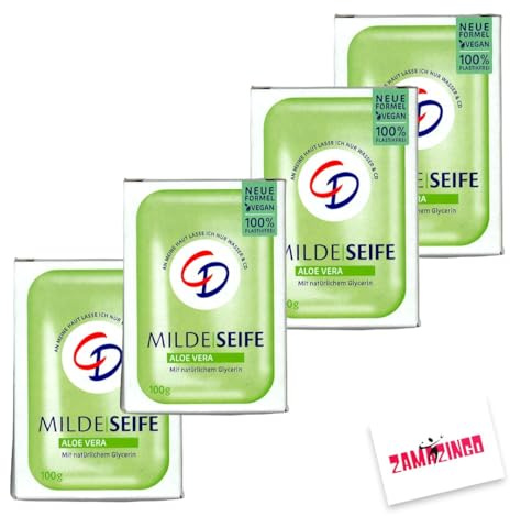 CD Milde Seife mit Aloe Vera VEGAN & PFLANZLICH 100g | Plastikfrei, mit natürlichem Glycerin, neues handliches Format + Zama4Zingo Karte (Aloe Vera, 4er Pack)