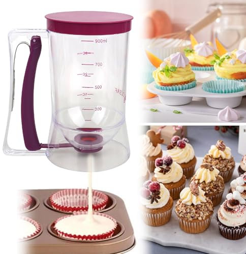 elthmpr Dispensador de Masa - 900ml Batter Dispenser Manual con 100PCS Moldes de Papel para Magdalenas Dosificador de Masa con Tapa y Escala Cortador de Masa para Tartas Hornear Cupcakes Gofres