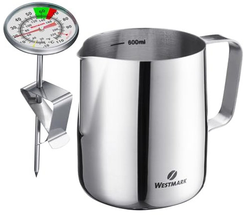 Westmark Set 2 Pezzi Caraffe per Latte (600 ml) + Termometro per Latte – Ideale per crema di caffè, latte, miele e altri additivi per caffè e tè, accessori barista – 247822E6